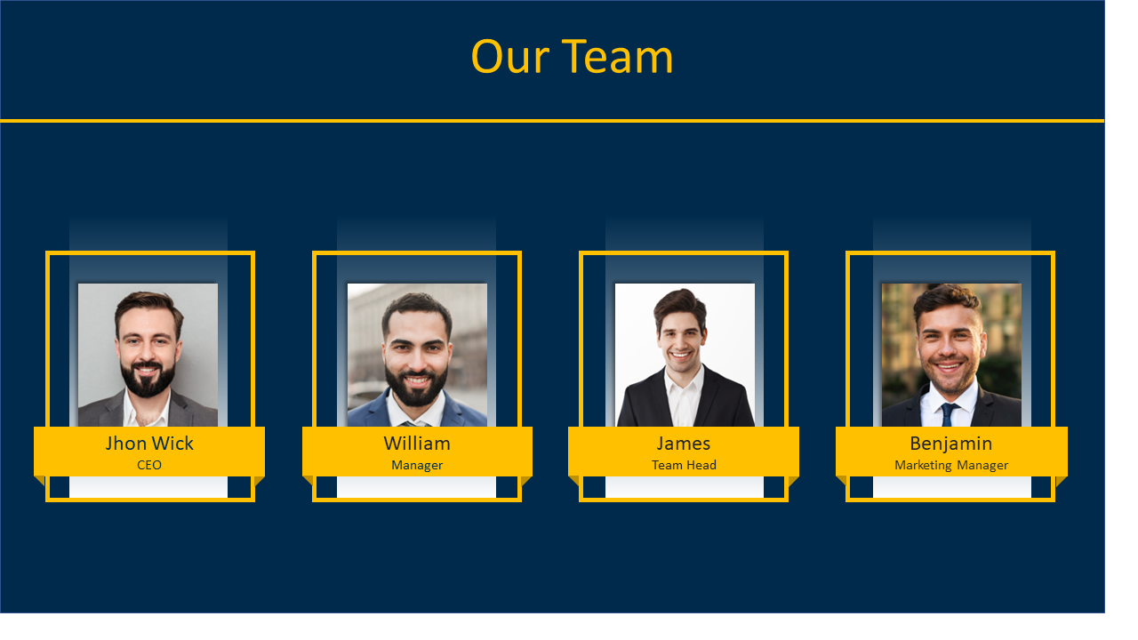 Portraits of the team CEO, Manager, Team Head, and Marketing Manager, each with their roles on a dark blue backdrop.