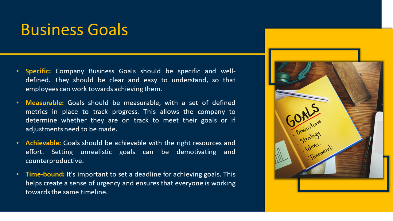 Business goals slide featuring a notebook with brainstorming, strategy, ideas and teamwork listed on a blue and yellow theme.
