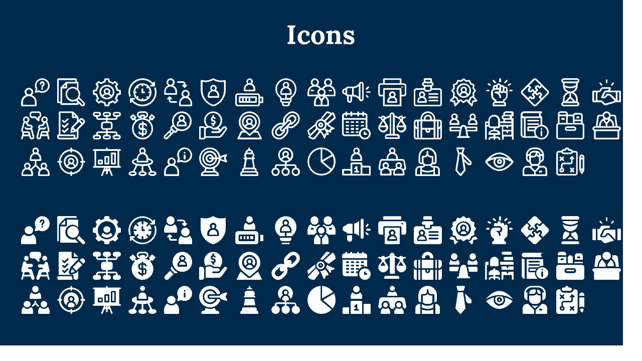 Collection of icons depicting business elements like teamwork, documents, and charts, arranged in rows in blue theme.