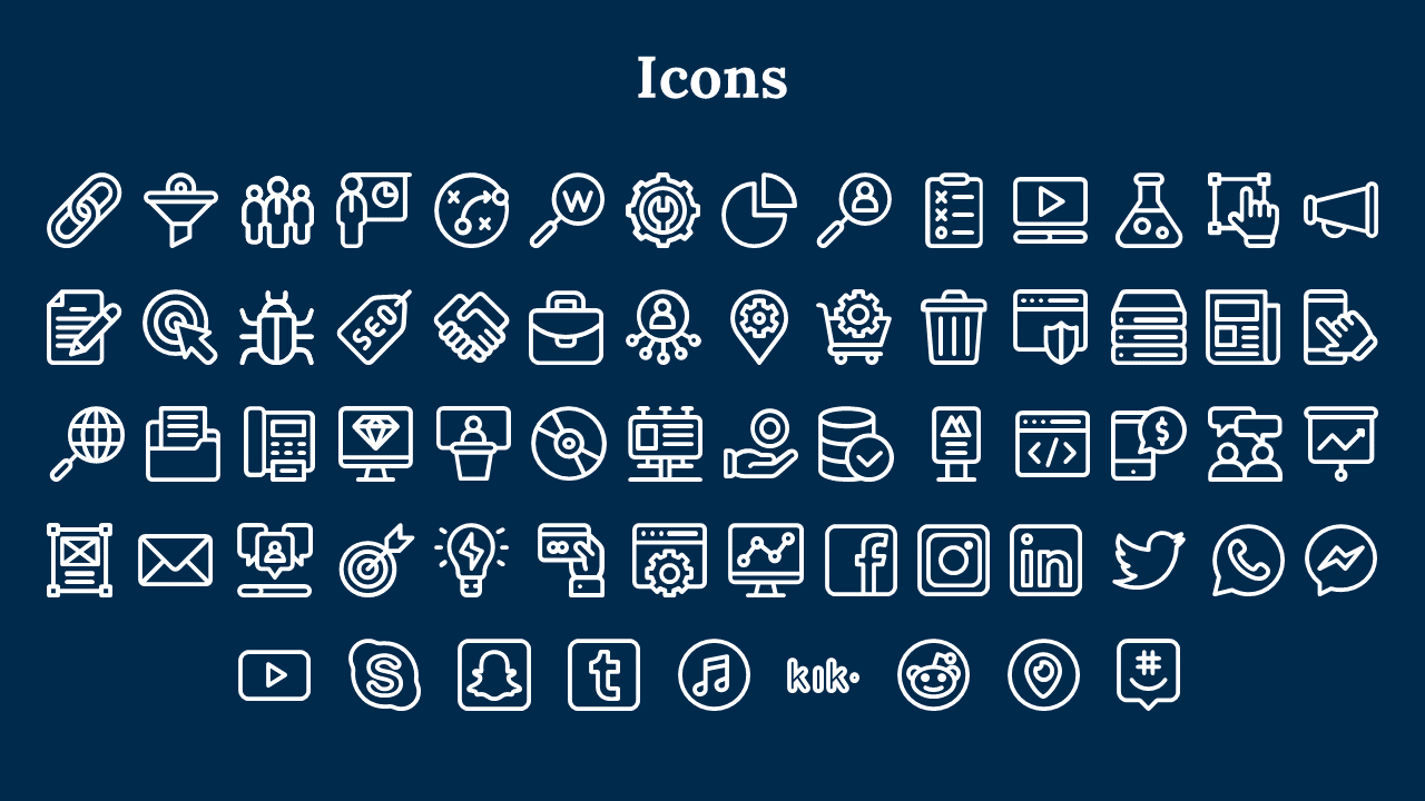 A collection of icons representing business, social media, and analytics tools, arranged in a grid pattern in a blue theme.