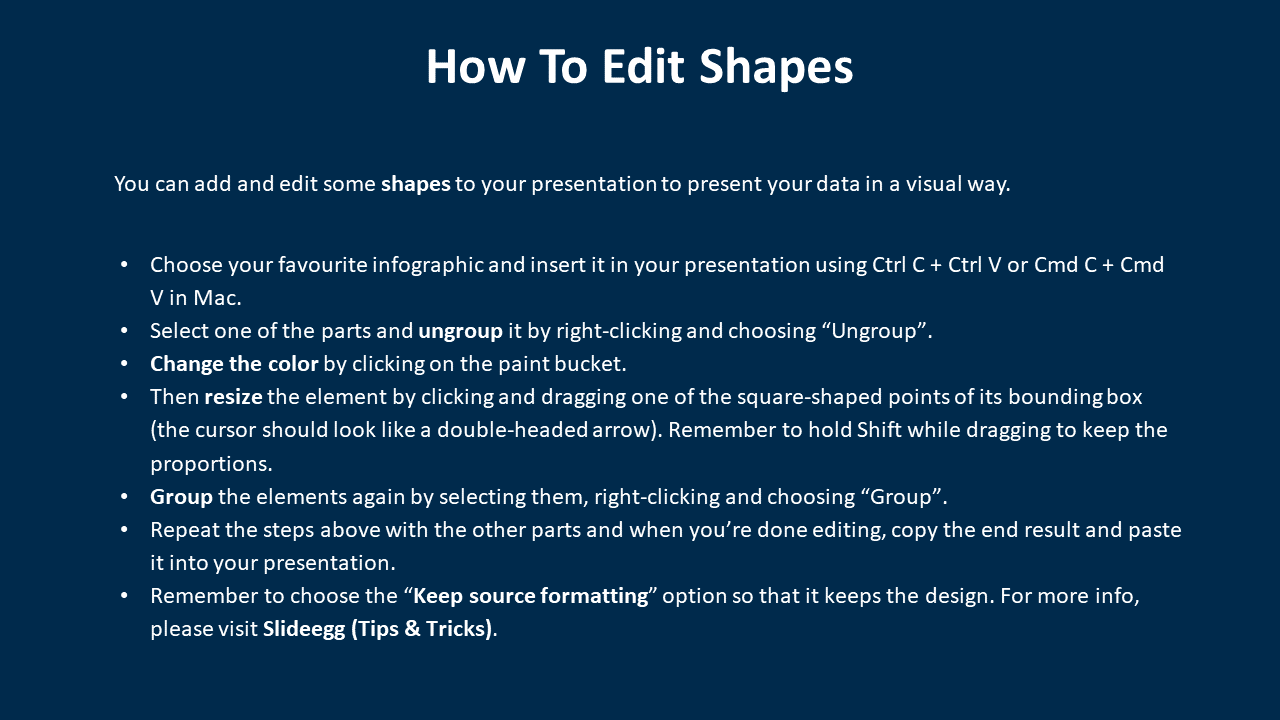 Instructional slide on how to edit shapes in PPT, including steps for ungrouping, resizing, and recoloring shapes.