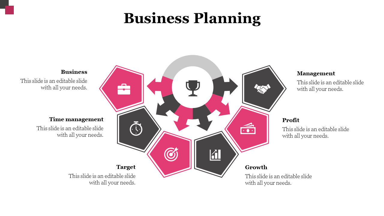 Business planning slide with a central trophy surrounded by six pink and black hexagonal icons on a white backdrop.