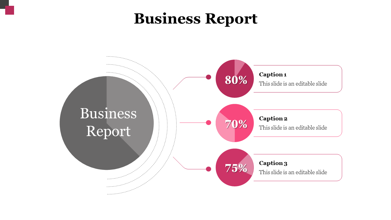 Business report slide featuring a grey circular chart with pink circles and percentages alongside caption sections.