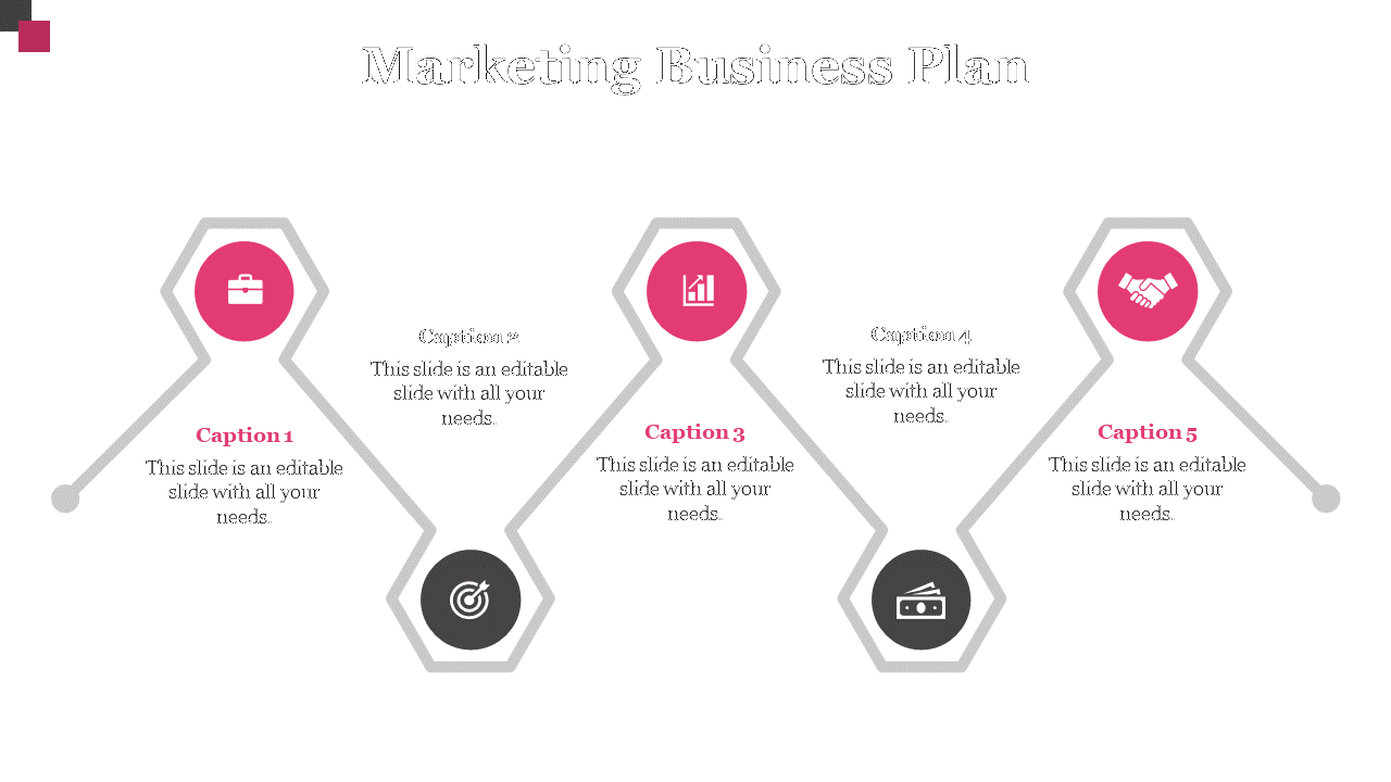 Marketing business plan slide with five pink and black circular sections, each featuring an icon with captions.