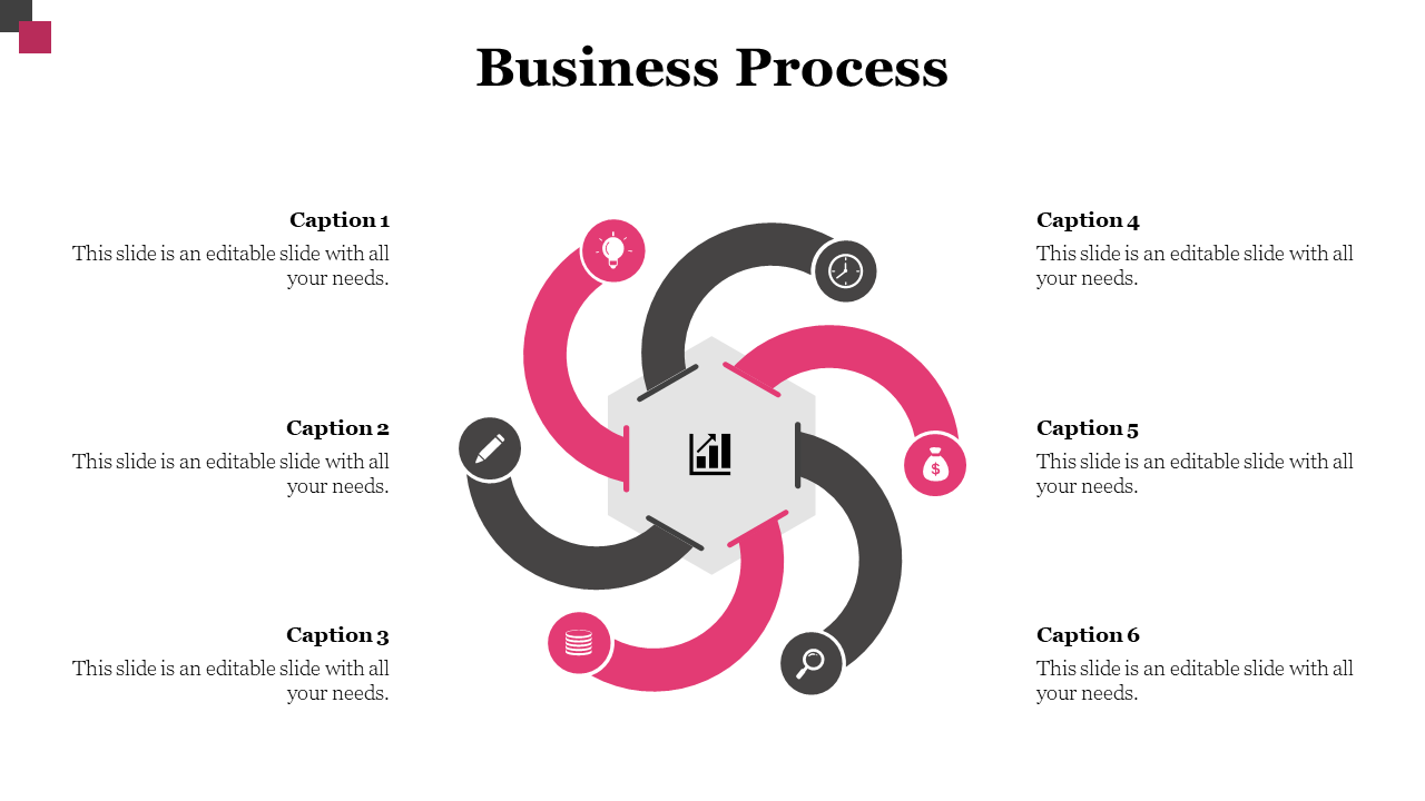 Business process slide with six sections, each showing a different color coded icon with captions on a white backdrop.