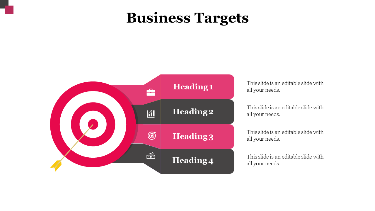 Business targets diagram with a central bullseye and four colorful arrows pointing to headings representing business areas.