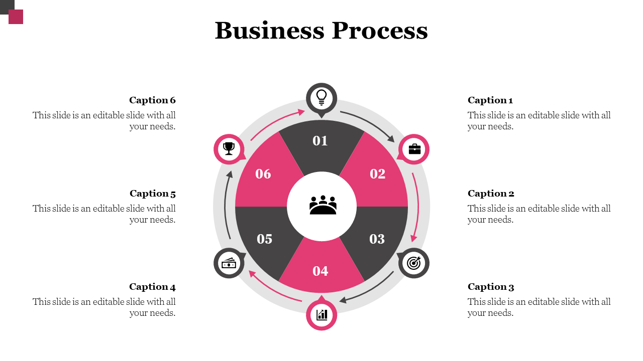 Colorful circular business process diagram with six sections each with icons and numbered captions on a white backdrop.