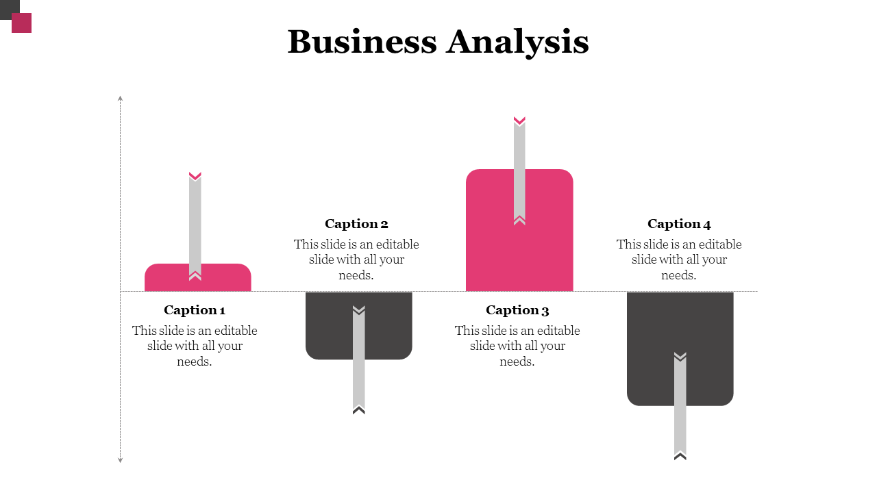 Business analysis chart with four pink and black sections and arrows showing progress, each with a corresponding caption.