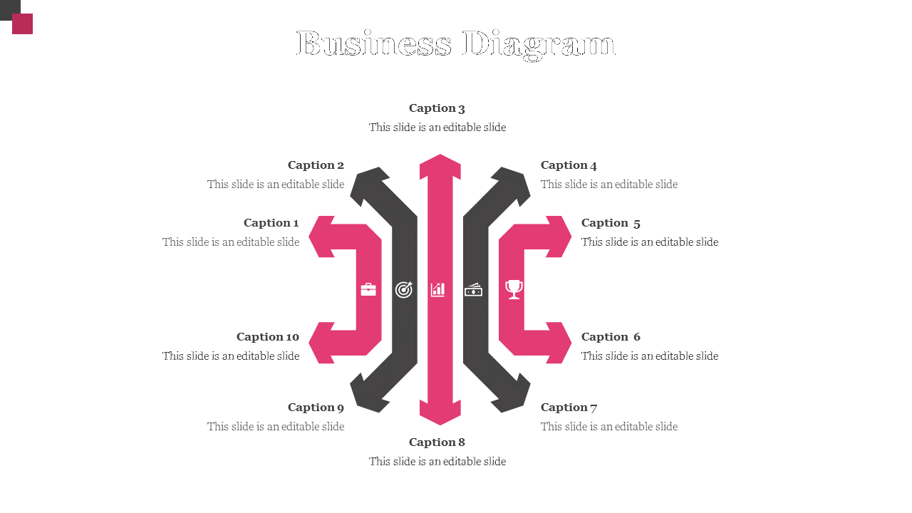 Business diagram slide with color coded arrows pointing in multiple directions, each representing different business aspects.