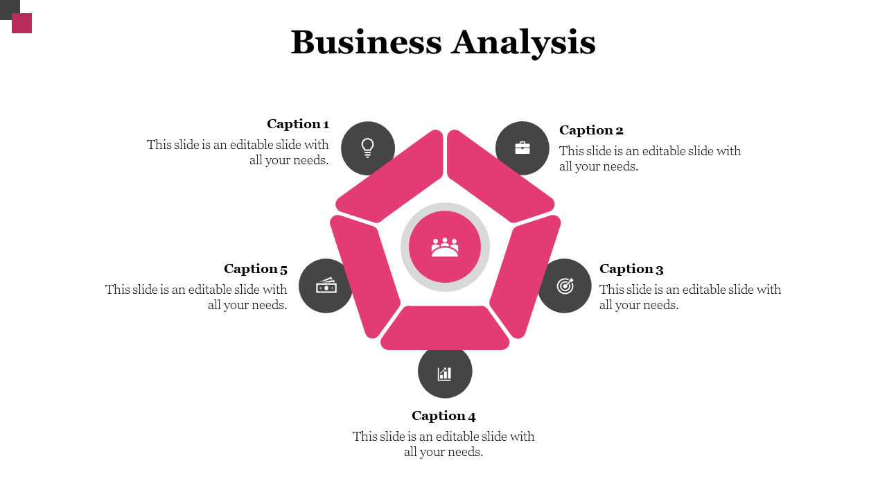 Business analysis diagram with five pink key elements surrounding a central icon representing teamwork with black icons.