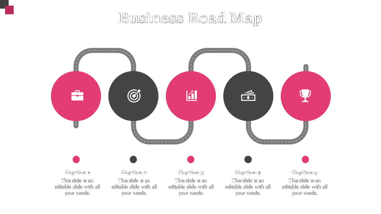 Business road map with five steps, featuring pink and black icons for business, target, growth, finances, and success.
