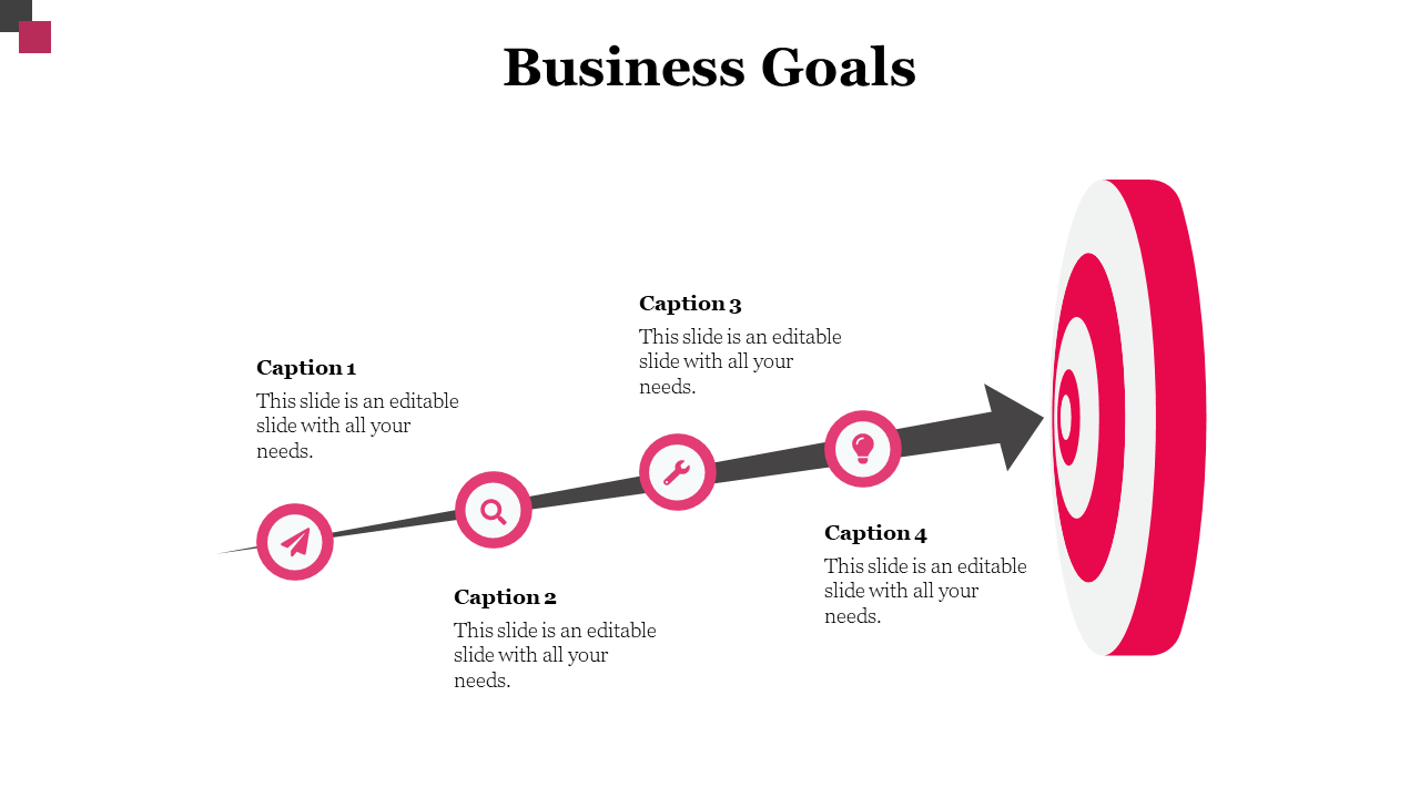 Business goals flow chart with pink icons representing stages plan, search, tools, and target with captions on a white theme.