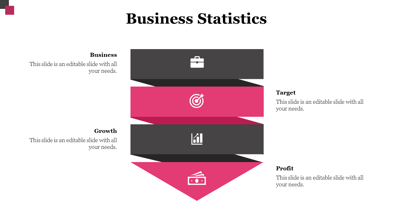 Business statistics colorful funnel chart, showing business, target, growth, and profit stages with icons on a white theme.