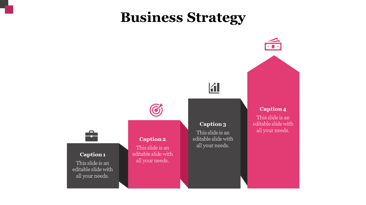 Business strategy slide with black and pink steps business, target, growth, and profit with captions on a white theme.