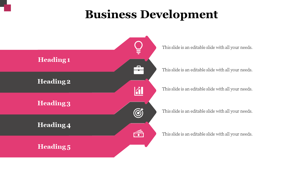 Colorful business development slide steps with icons for innovation, business, growth, target, and profit with captions.