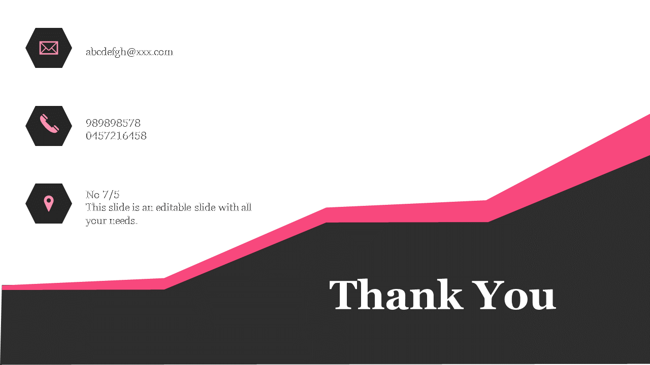 Contact information slide featuring a thank you message with pink icons on a black and white theme.