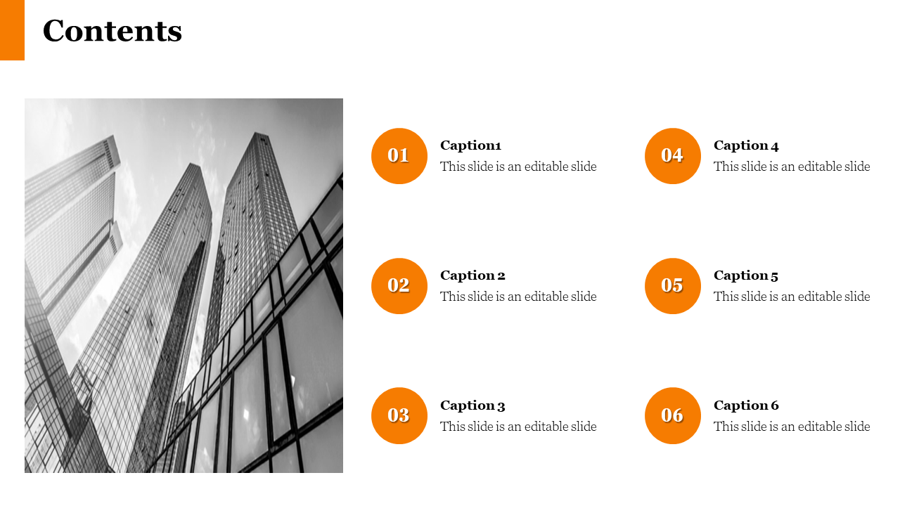 Contents slide featuring a modern skyscraper image with numbered orange circles with captions on a white backdrop.