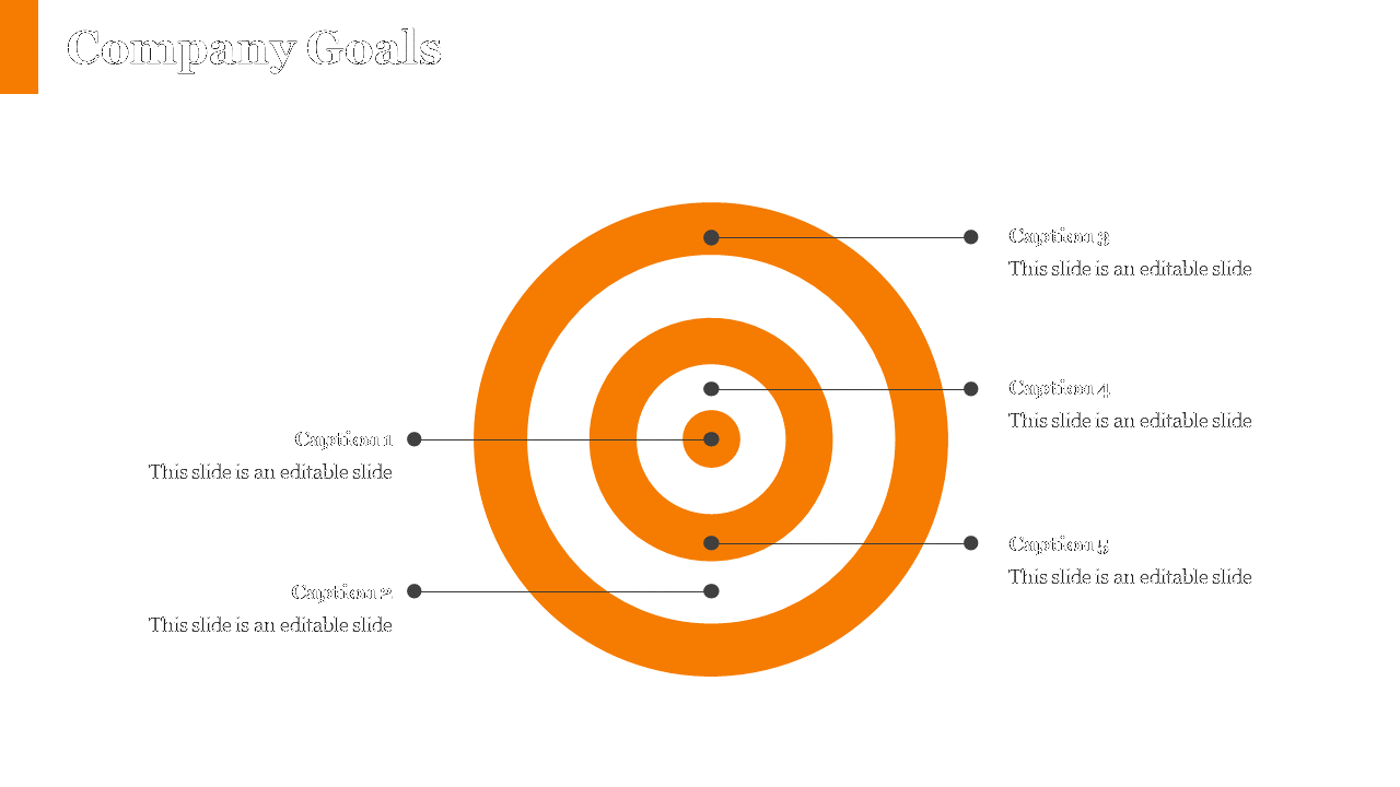 Slide showcasing orange concentric circles representing company goals with placeholders for captions on a white theme.