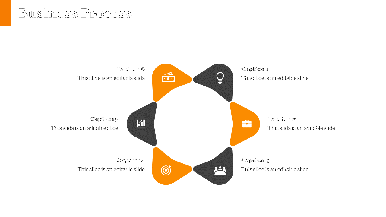 Business process slide featuring an orange and black circular design with six segments and placeholders for captions.