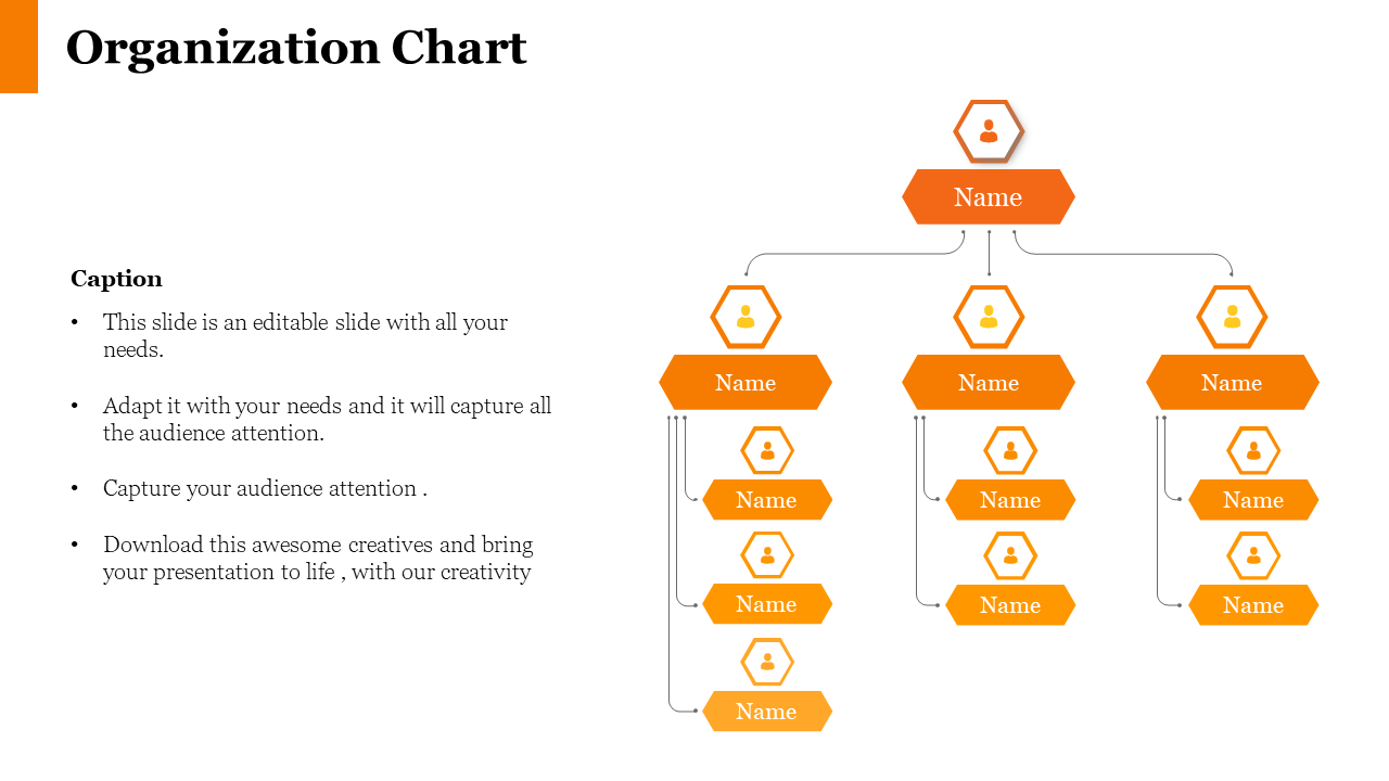 Organizational chart slide with orange hexagonal shapes representing team members, with name placeholders.