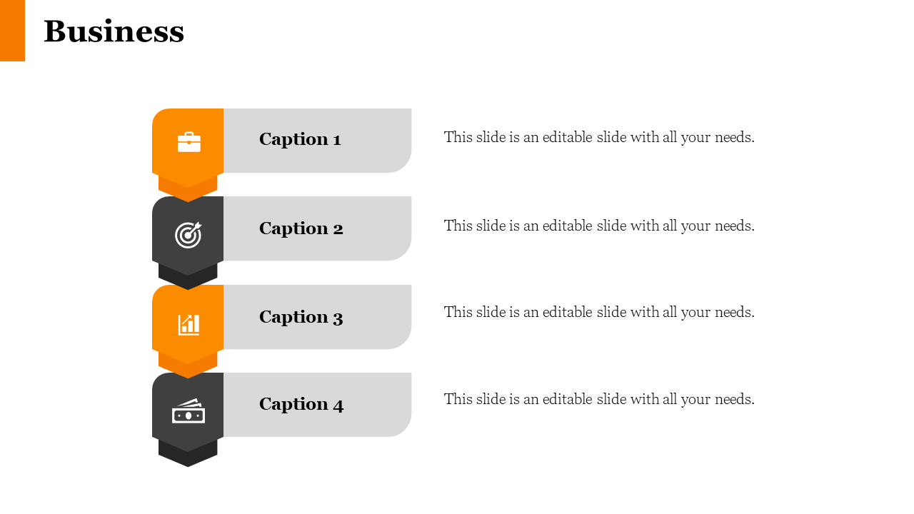 Business slide with orange and gray hexagonal icons representing business, target, growth, and finance on a white theme.