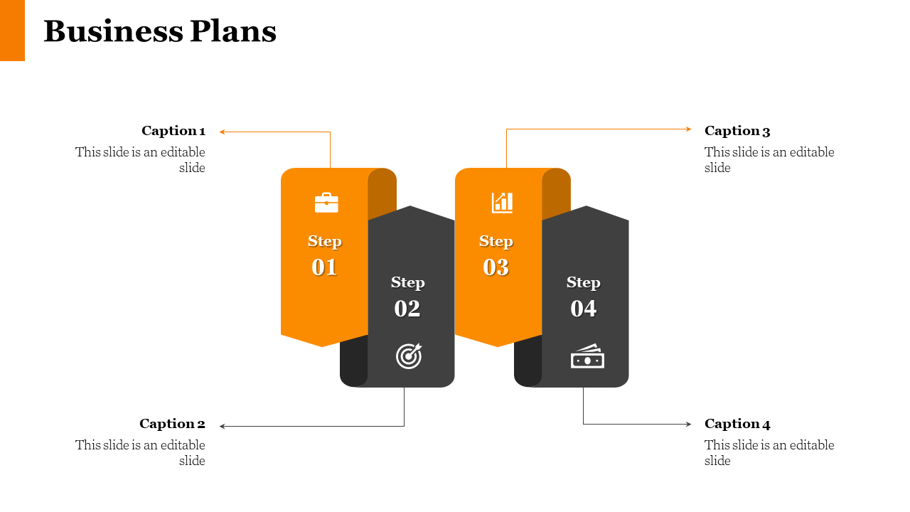 Slide with a process flow for business plans, featuring orange and gray steps, each with corresponding icons.