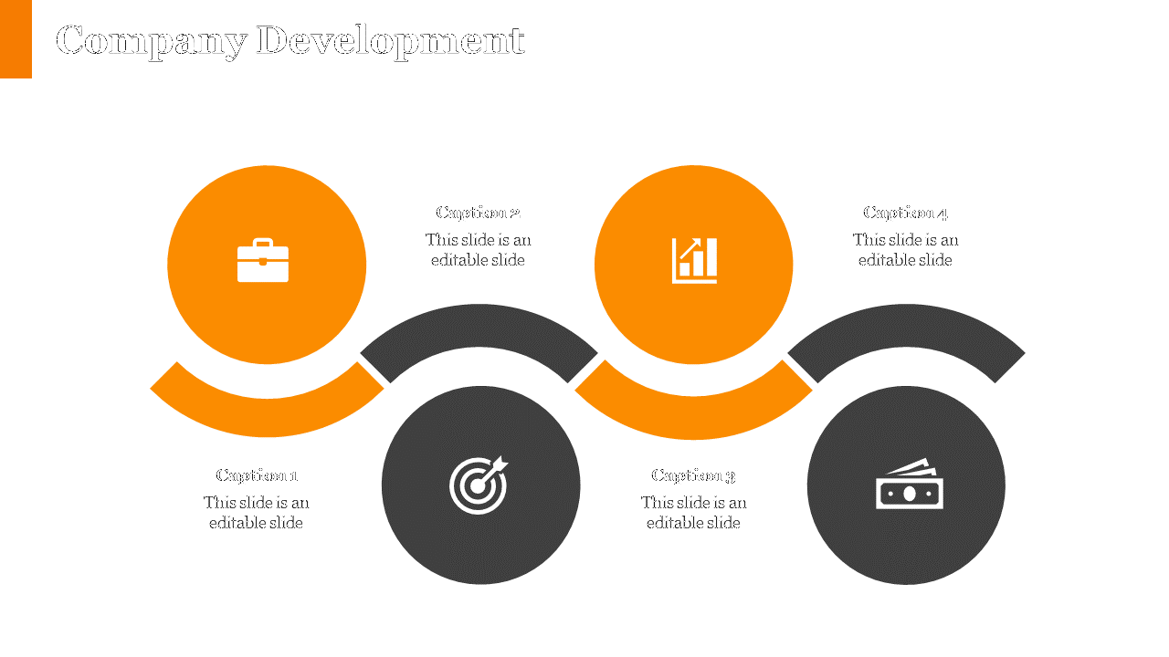 Company development slide featuring orange and black circular icons for business, goals, growth, and finance with captions.