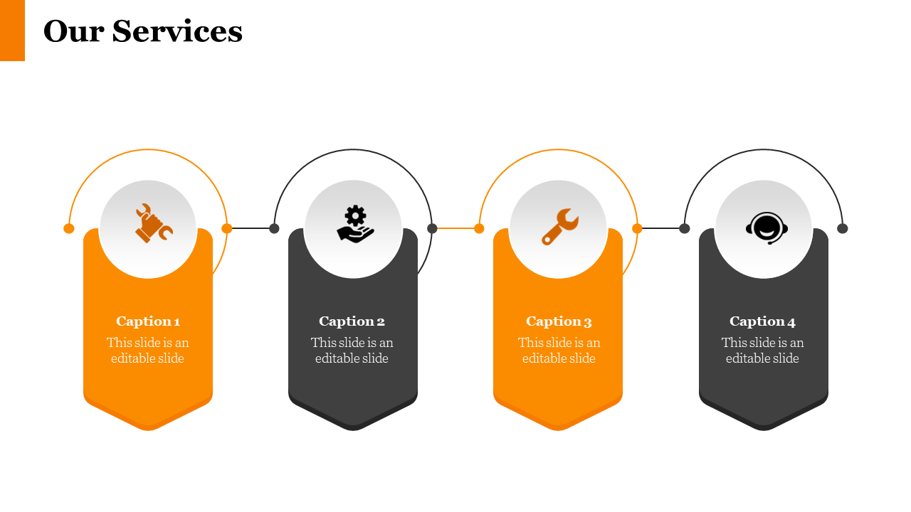 Slide showcasing services with orange and black icons for tools, support, and service operations with captions.