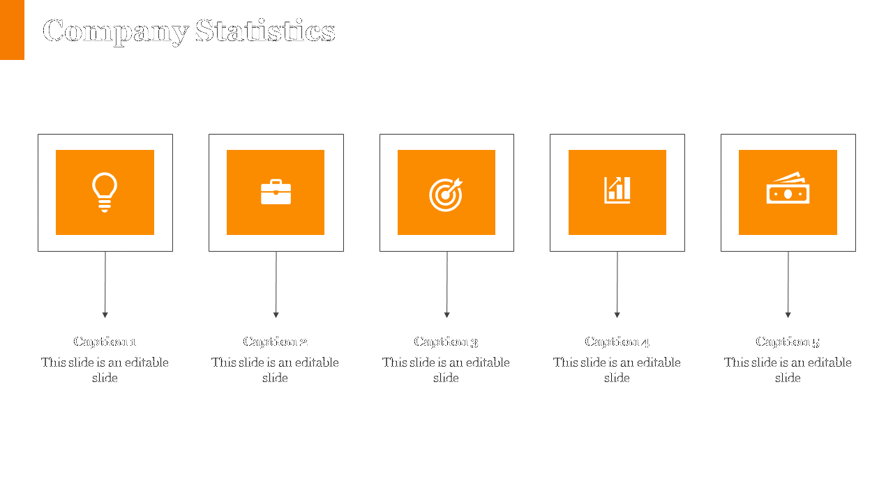 Company statistics slide with five orange icons representing ideas, business, goals, growth, and finance with captions.