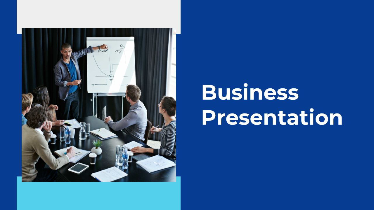 Business meeting with a presenter pointing at a diagram on a whiteboard while the audience listens attentively on blue theme.