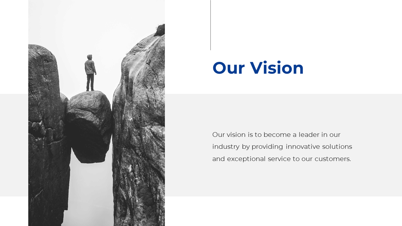 An individual standing confidently on a rock, with our vision message displayed beside them on a white theme.