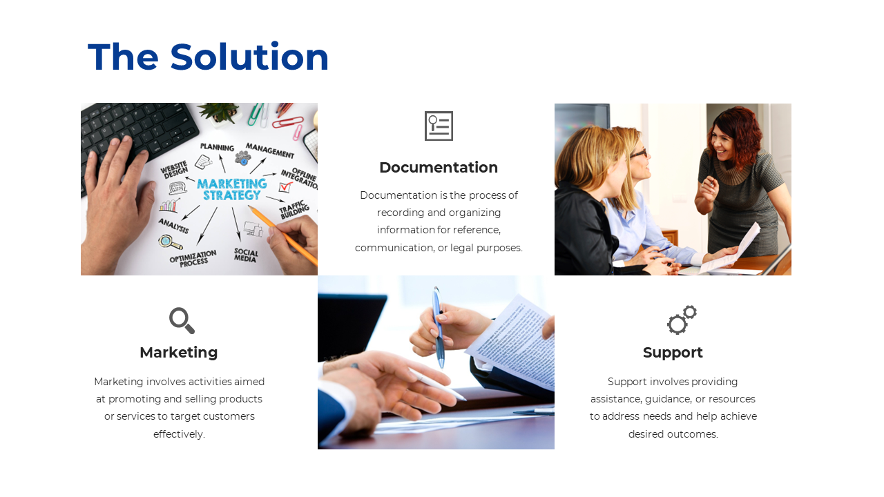 The Solution with icons and descriptions with a background image showing a marketing strategy and a meeting on a white theme.
