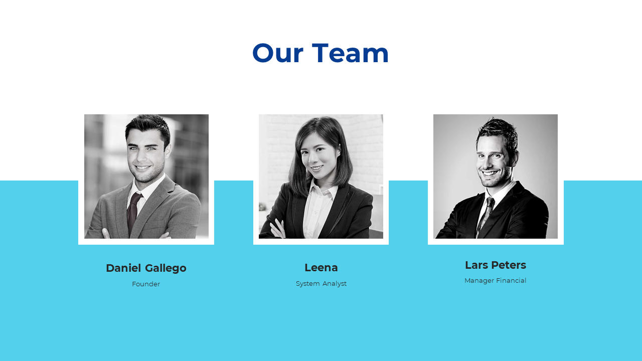 Team photo featuring Daniel Gallego, Leena, and Lars Peters with their respective titles displayed on a blue and white theme.