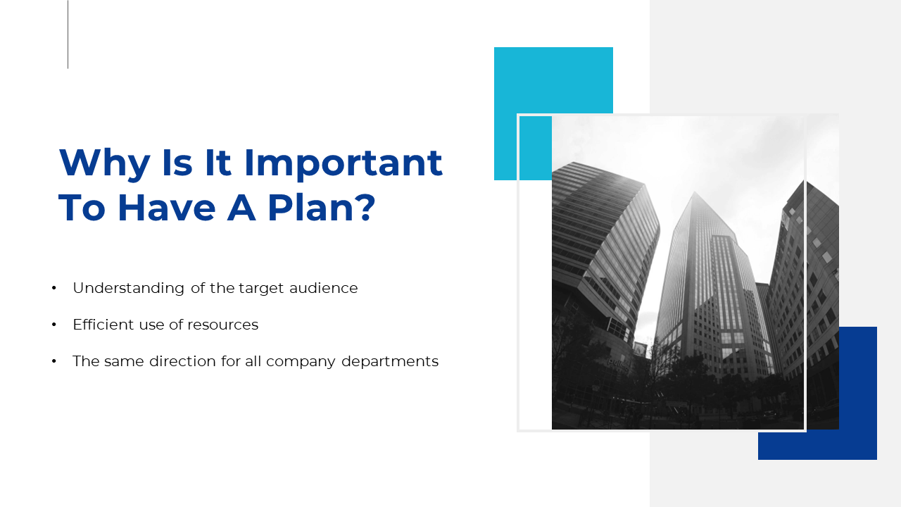 Skyward view of modern office buildings paired with key reasons for planning in business on a white backdrop.