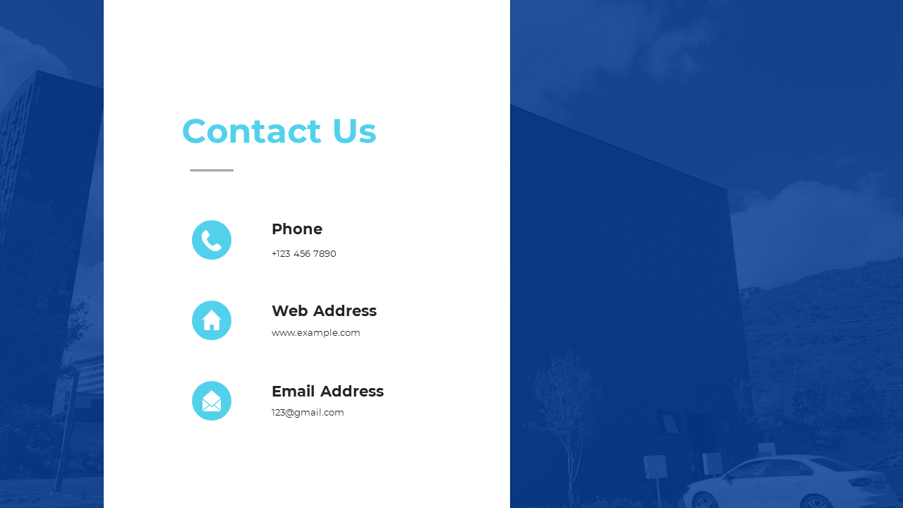 Contact page displaying a phone number, website link, and email address next to a photo of a sleek building on a blue theme.