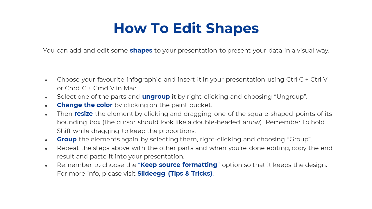 Step by step guide on how to edit shapes in PowerPoint, including ungrouping, resizing, and changing colors on a white theme.