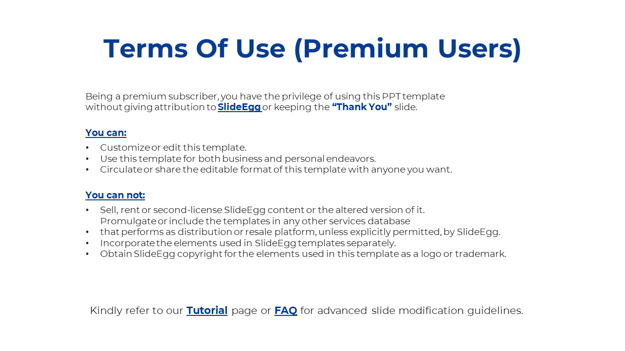 Terms of use for premium subscribers, allowing customization, distribution, and editing without crediting SlideEgg.