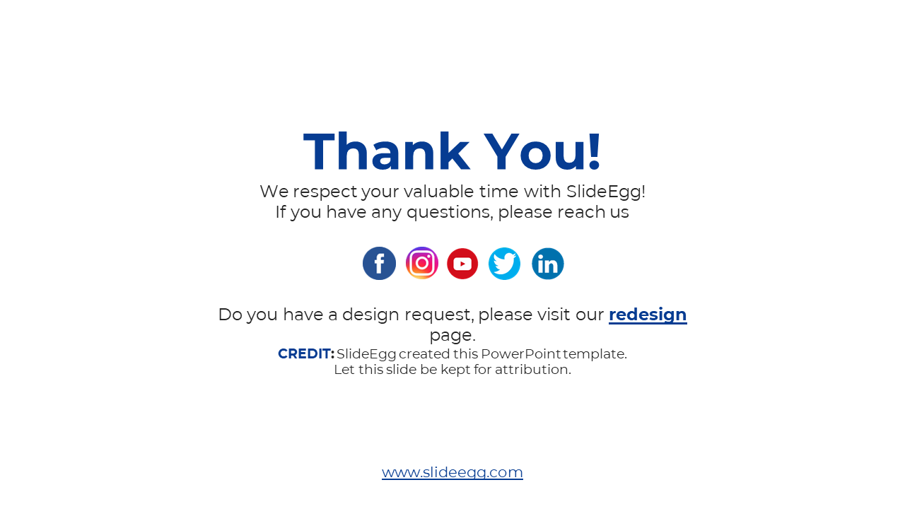 Thank you slide with SlideEgg branding offering contact details and  redesign page link for design requests on a white theme.