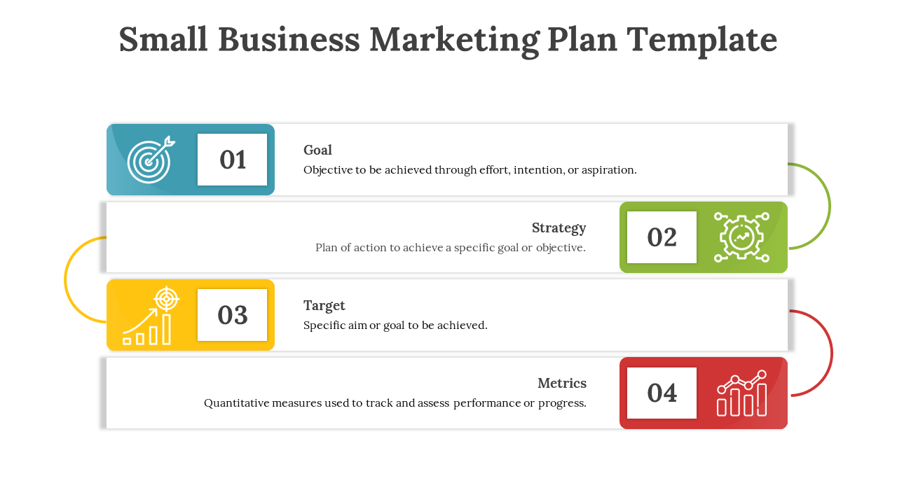 Small Business Marketing Plan slide showing goal, strategy, target, and metrics in structured layout with color coded icons.