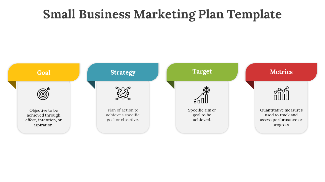 Small Business Marketing Plan template with a brief description and corresponding icons on a white backdrop.