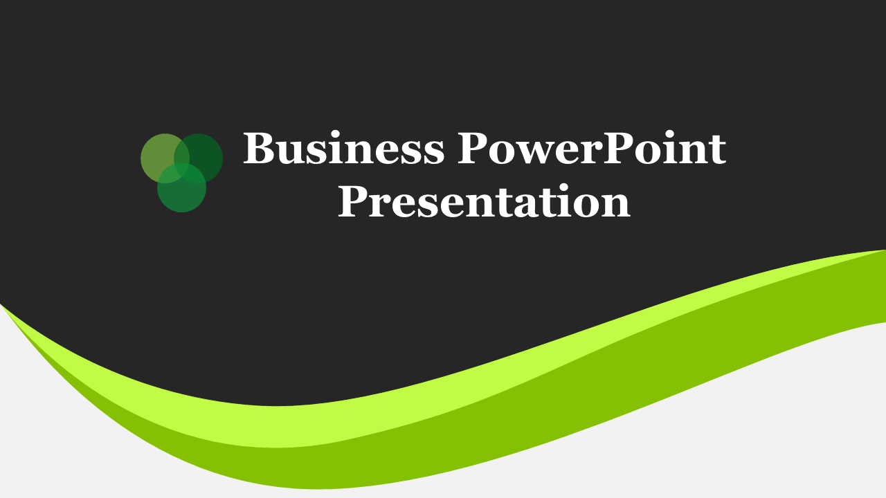 Business PowerPoint presentation slide with a modern design featuring green and black color tones.