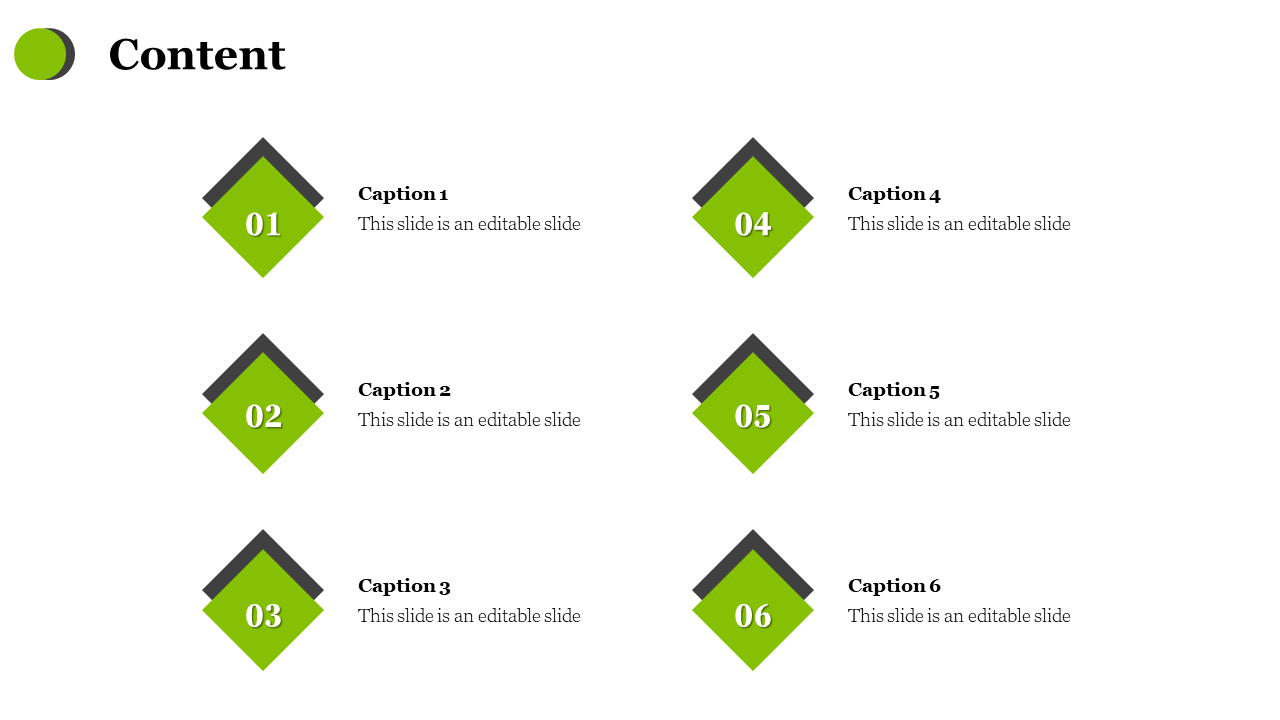 Content slide with six numbered green diamond shapes and captions on a white backdrop.