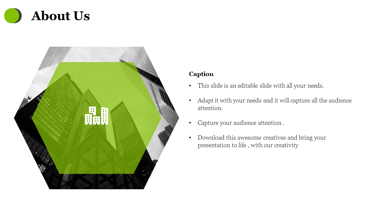 About Us slide with a green hexagon overlay and a cityscape background with a caption on a white backdrop.