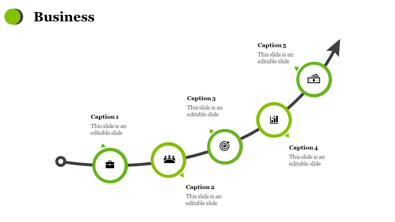 Business growth diagram slide with green circles and icons representing key business steps on a white backdrop.