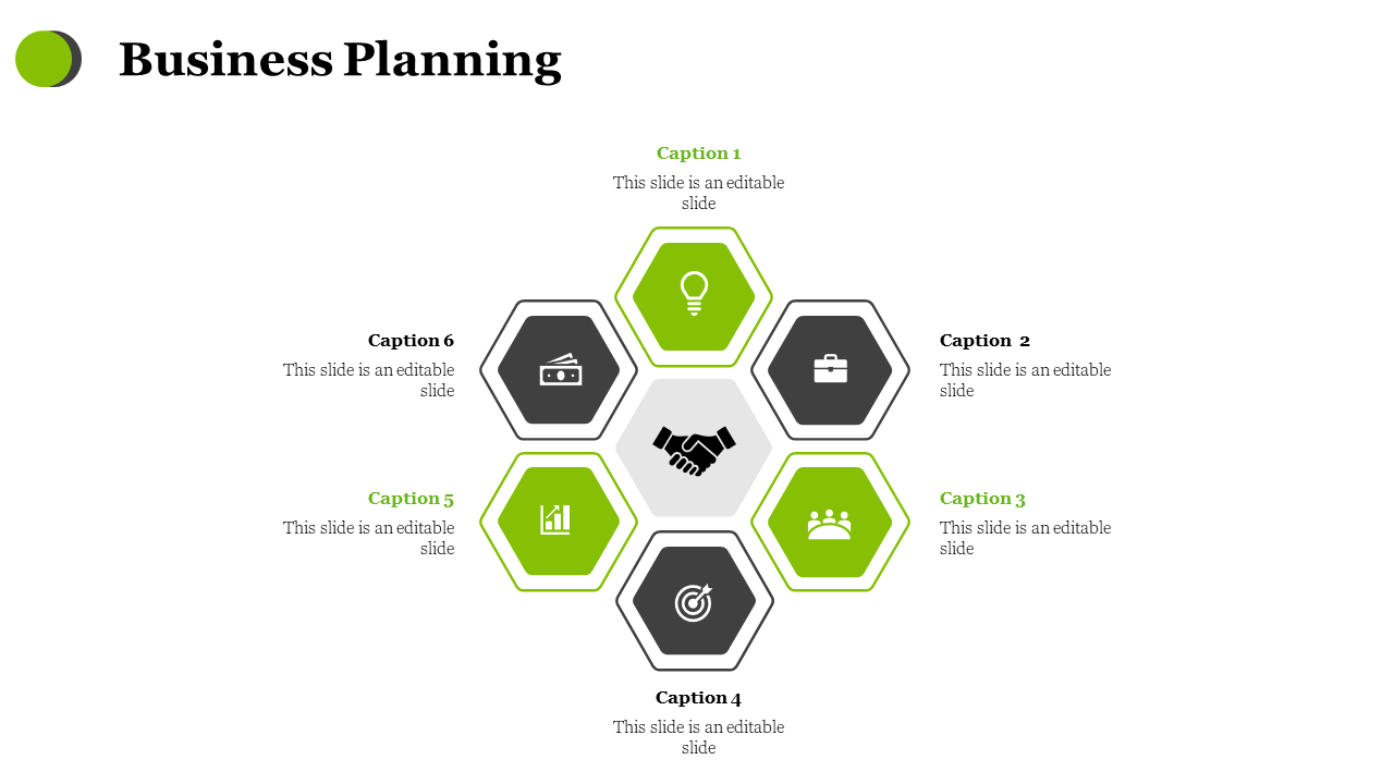 Hexagonal business planning diagram slide featuring green and black icons with captions on a white backdrop.