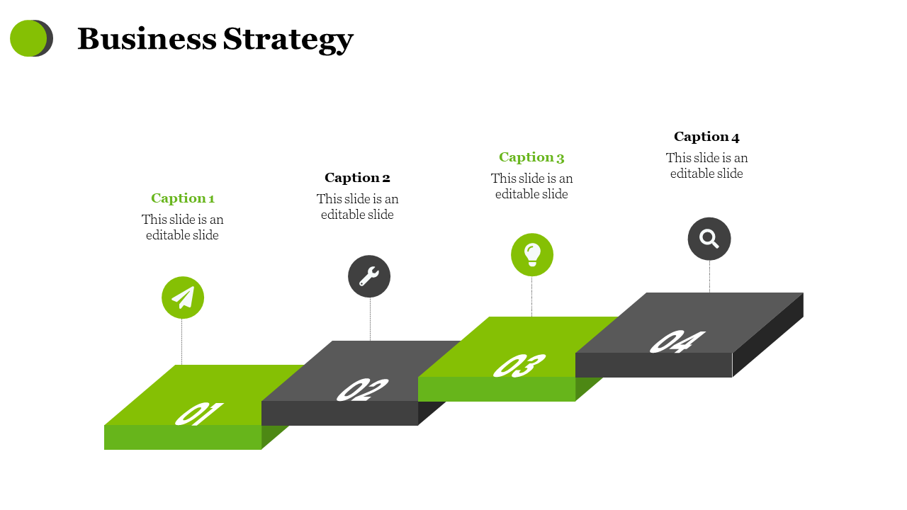 Business strategy slide with 4 green and black steps, each featuring icons airplane, wrench, lightbulb, and magnifying glass.