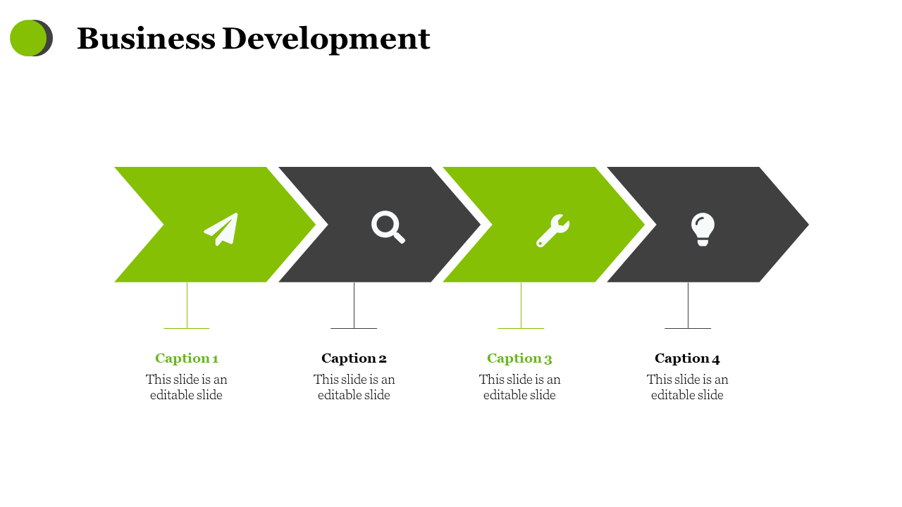 Business development slide with four green and black arrows representing stages with captions on a white backdrop.