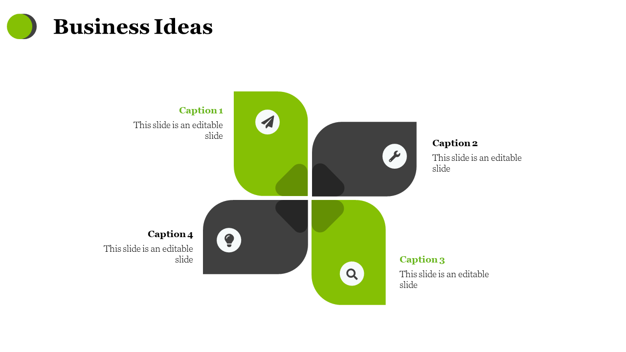 Business ideas slide with four green and black quadrants, each featuring an icon representing different business stages.