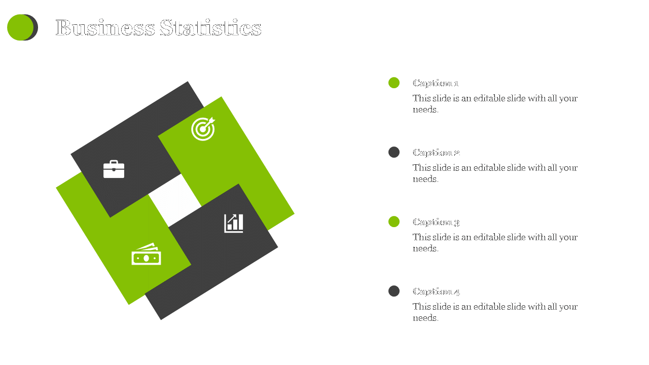 Business statistics slide with four green and black quadrants, each featuring an icon for business on a white backdrop.