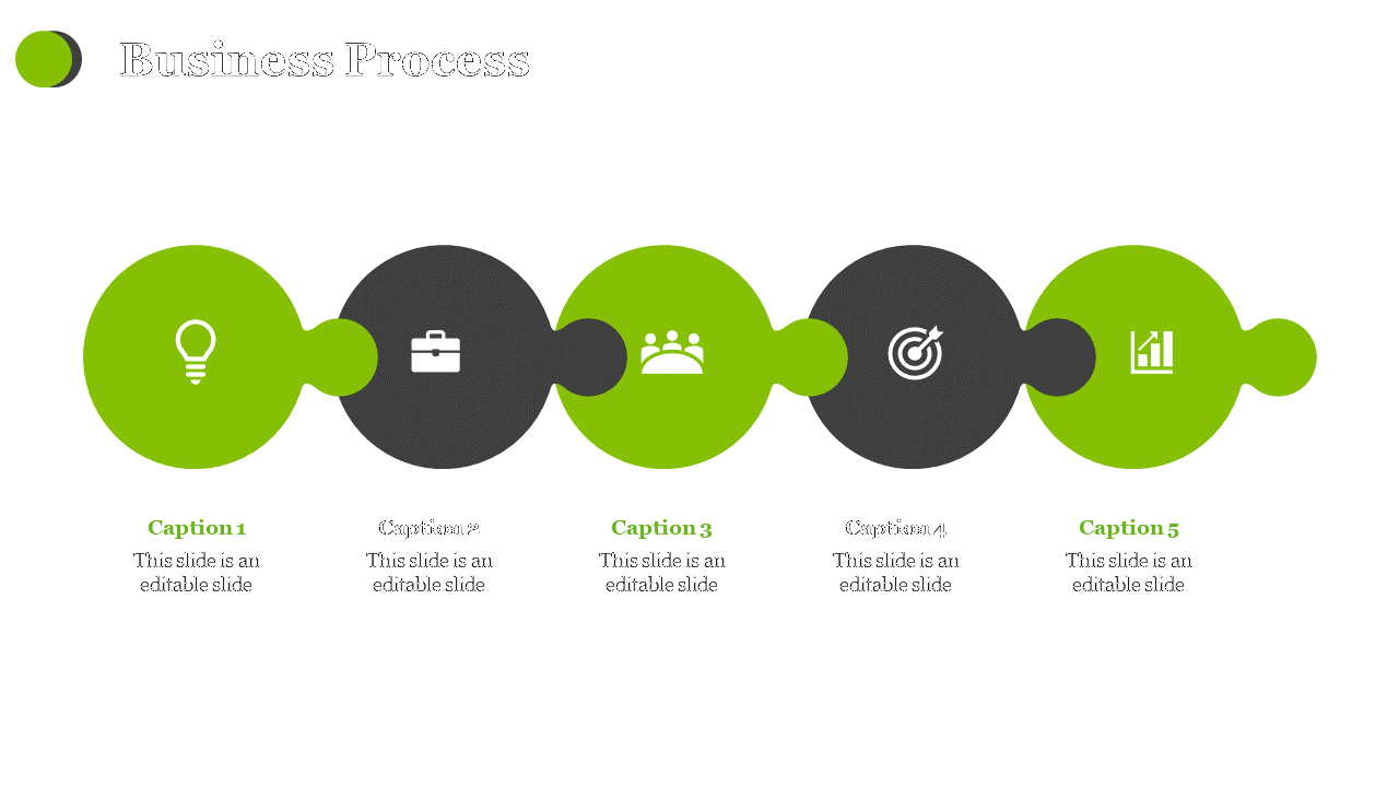 Business process flow diagram with five steps, each represented by green and black icons and captions on a white theme.